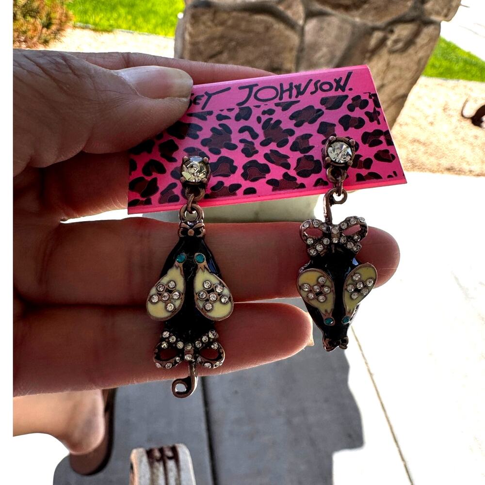 Betsey Johnson Black Mouse Bow Drop Earrings blue clear rhinestone accents Y2K